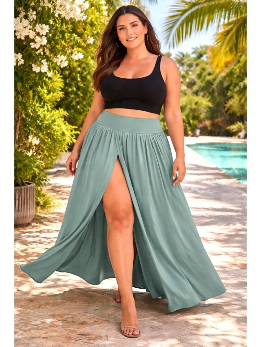NWT Halara Breezeful Flowy Quick Dry Maxi Skirt Size XL High Waisted Split Blue